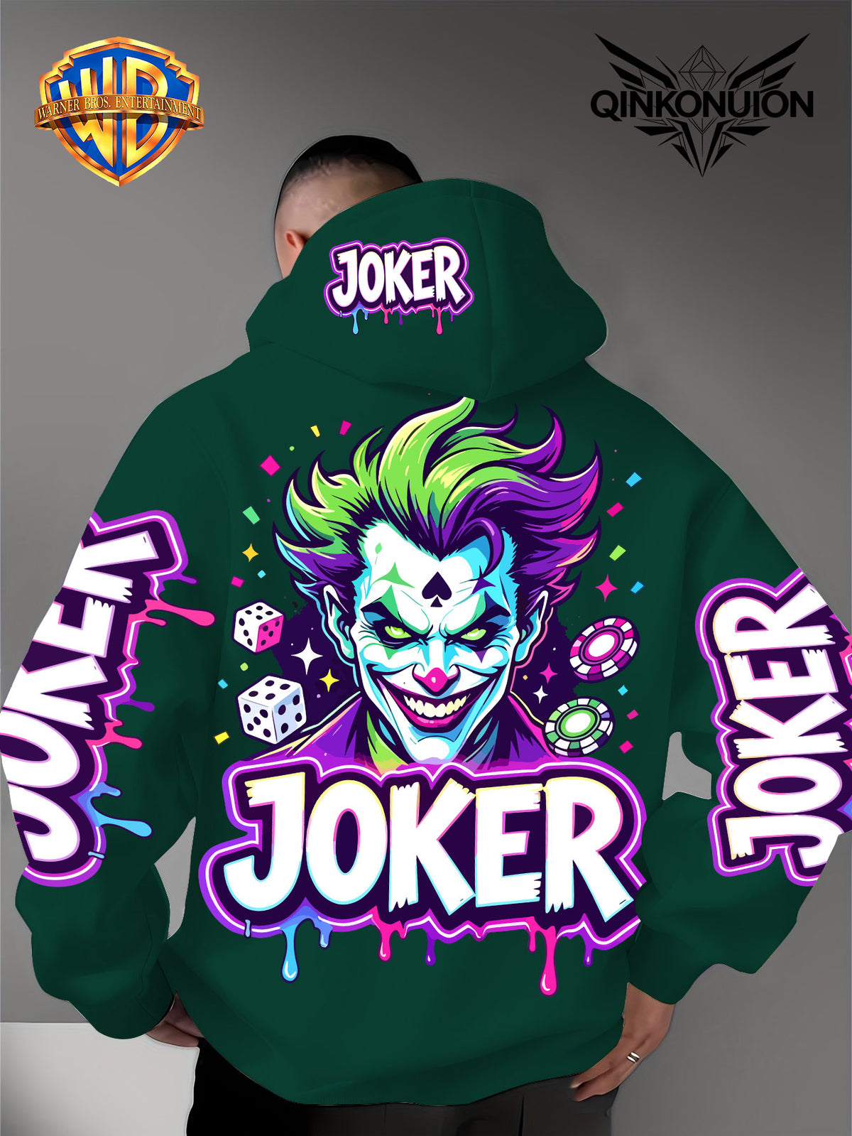 Warner Official Men'S Hoodie, Neon Clown Avatar Chess And Card Graffiti Trendy Print Design, Machine Washable, Warm And Casual for Autumn And Winter, Daily Drawstring Hoodie, Multi-Functional Sports And Leisure Loose Version - Green