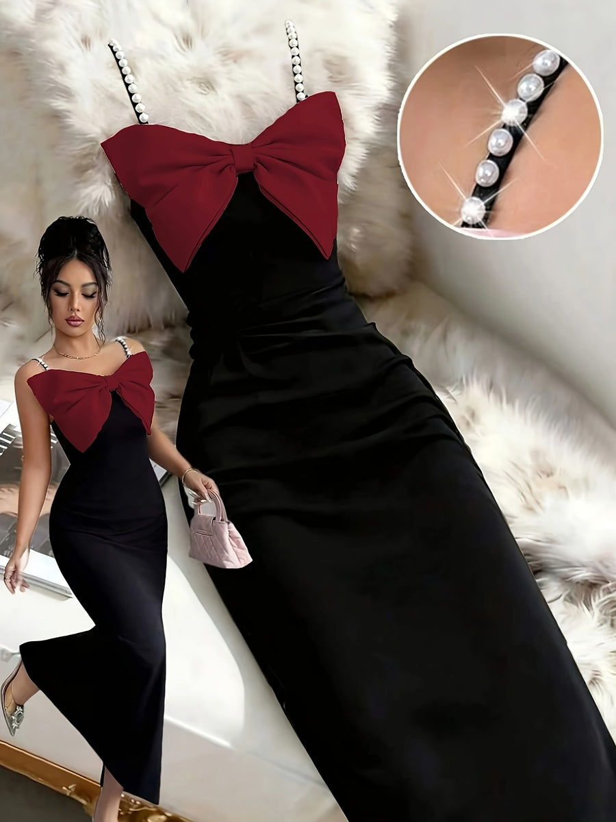 Elegant Romantic Women'S Bridesmaid Dress with Exaggerated Bow, Pearl Thin Straps, Cinched Waist, Straight Silhouette, Suitable for Dates, Gatherings, Parties, Birthdays, And Various Occasions - Black&Red