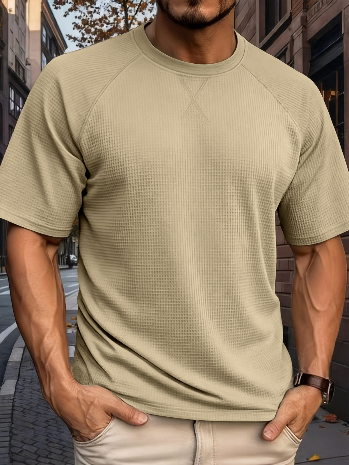 Men's Short-sleeve Waffle T-shirt, Lightweight and Breathable Crewneck Top, Suitable for Daily Casual Wear, Summer Vacations, and Outdoor Activities, with a Loose Fit - Khaki 1 Pack
