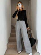 Women's Gray Casual Wide Leg Loose Fit Suit Pants - Silvery Grey