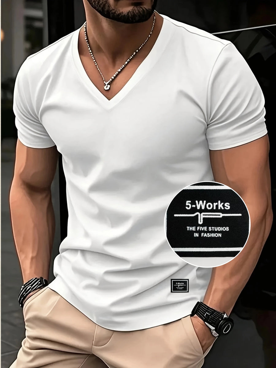 180g 100% Men's V-Neck Short-Sleeve Top, Casual T-Shirt, Solid Color Base Layer, "5-work" Summer All-Season Base Layer, Factory-Made for Men, Comfortable, High Quality, High Fit Rate, Casual Sportswear - White