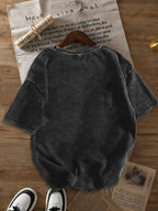 Daisy Print Crew Neck Short Sleeve  Casual Everyday Washed T-Shirt - Black