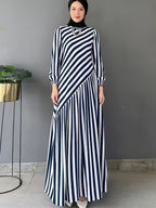 Vintage Robe Dress with Asymmetrical Lantern Sleeves & Striped Patchwork - Maxi Length Full-Length Dress Suitable for Spring Summer Fall, Machine Washable Elegant Robe for Weddings, Church Events, Special Occasions - Blue