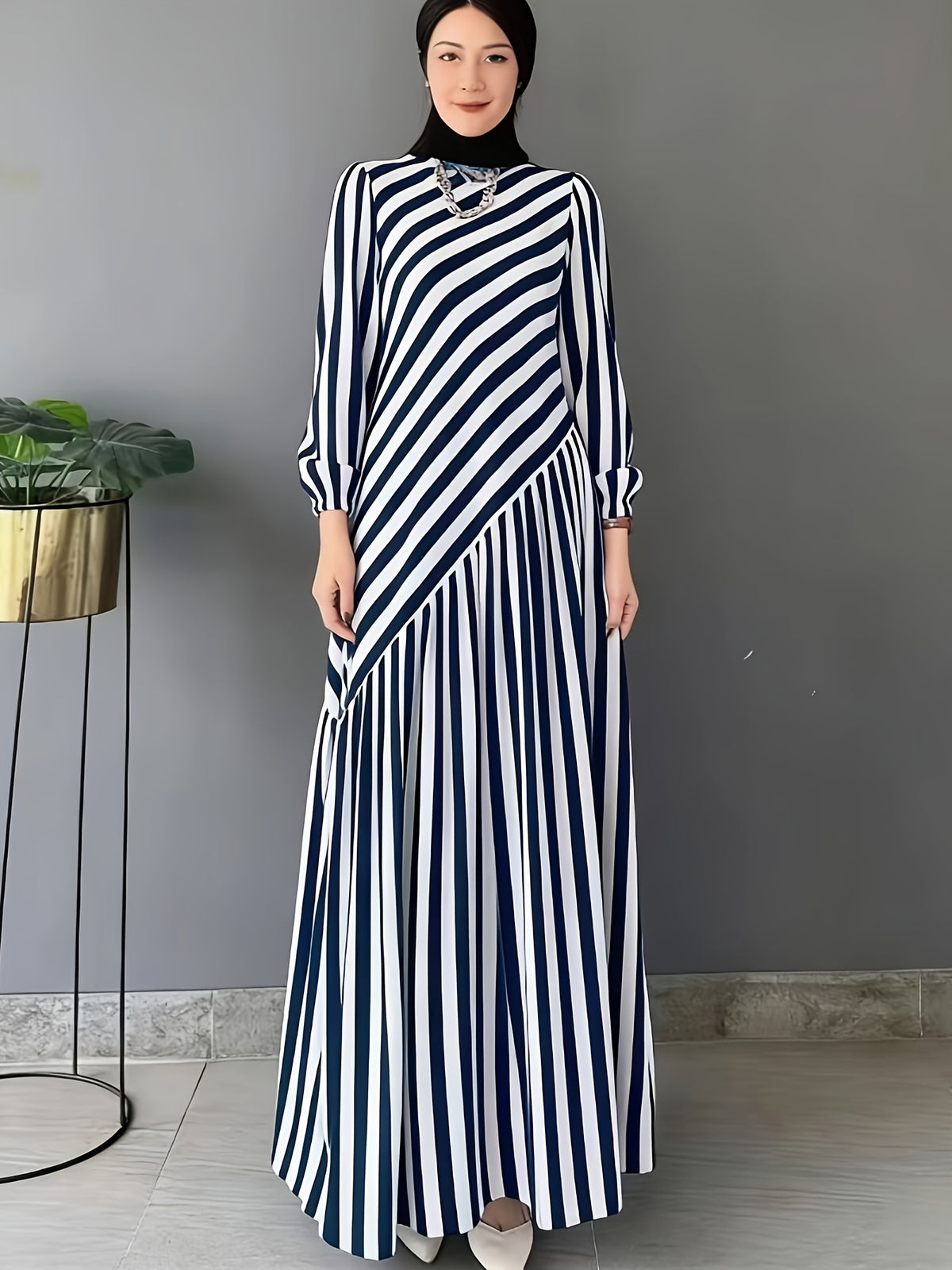 Vintage Robe Dress with Asymmetrical Lantern Sleeves & Striped Patchwork - Maxi Length Full-Length Dress Suitable for Spring Summer Fall, Machine Washable Elegant Robe for Weddings, Church Events, Special Occasions - Blue