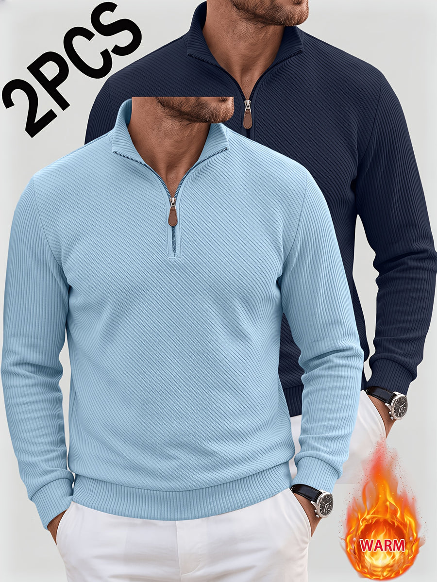 2pcs Men'S Autumn Winter New Corduroy Textured Half-Zip Stand Collar Knit Sweater Set, Light Luxury Long Sleeve Elastic Ribbed Base Layer Business Casual Inner Outerwear; Daily Commute, Home Entertaining, Camping Dating Scenarios - Light Blue+navy Blue