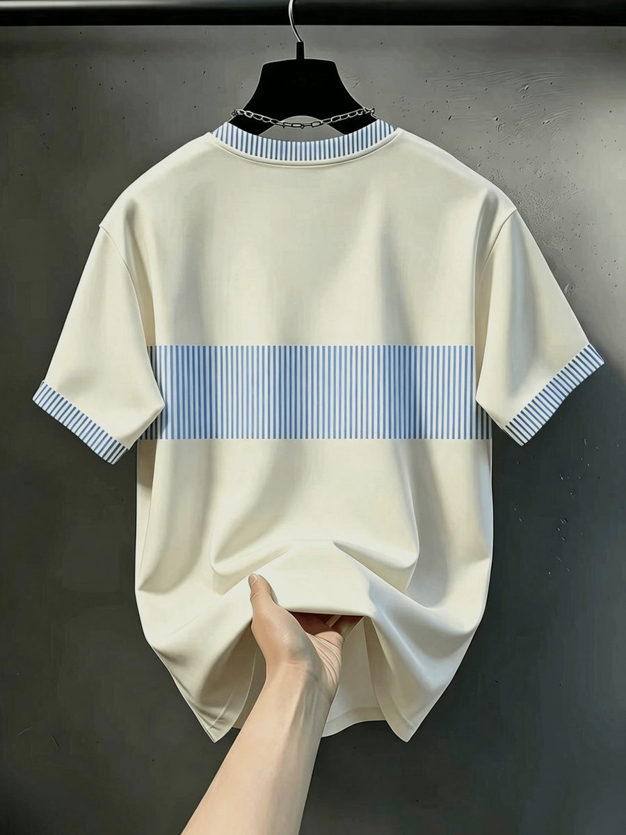 Men'S Casual Round Neck T-Shirt, Striped Element Design with "Los Angeles" Letter Pattern, Drapey Fashion Top, All-Season Wear, Breathable Regular Fit for Casual And Formal Outfits - Round Neck Casual Shirt, Comfortable Wear - 【Light Yellow】