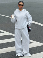 2026 Sporty Solid Color Hooded Sweatshirt Set for Women, Loose Drop-Shoulder Casual Wide-Leg Pants 2pcs Set - Granny Gray