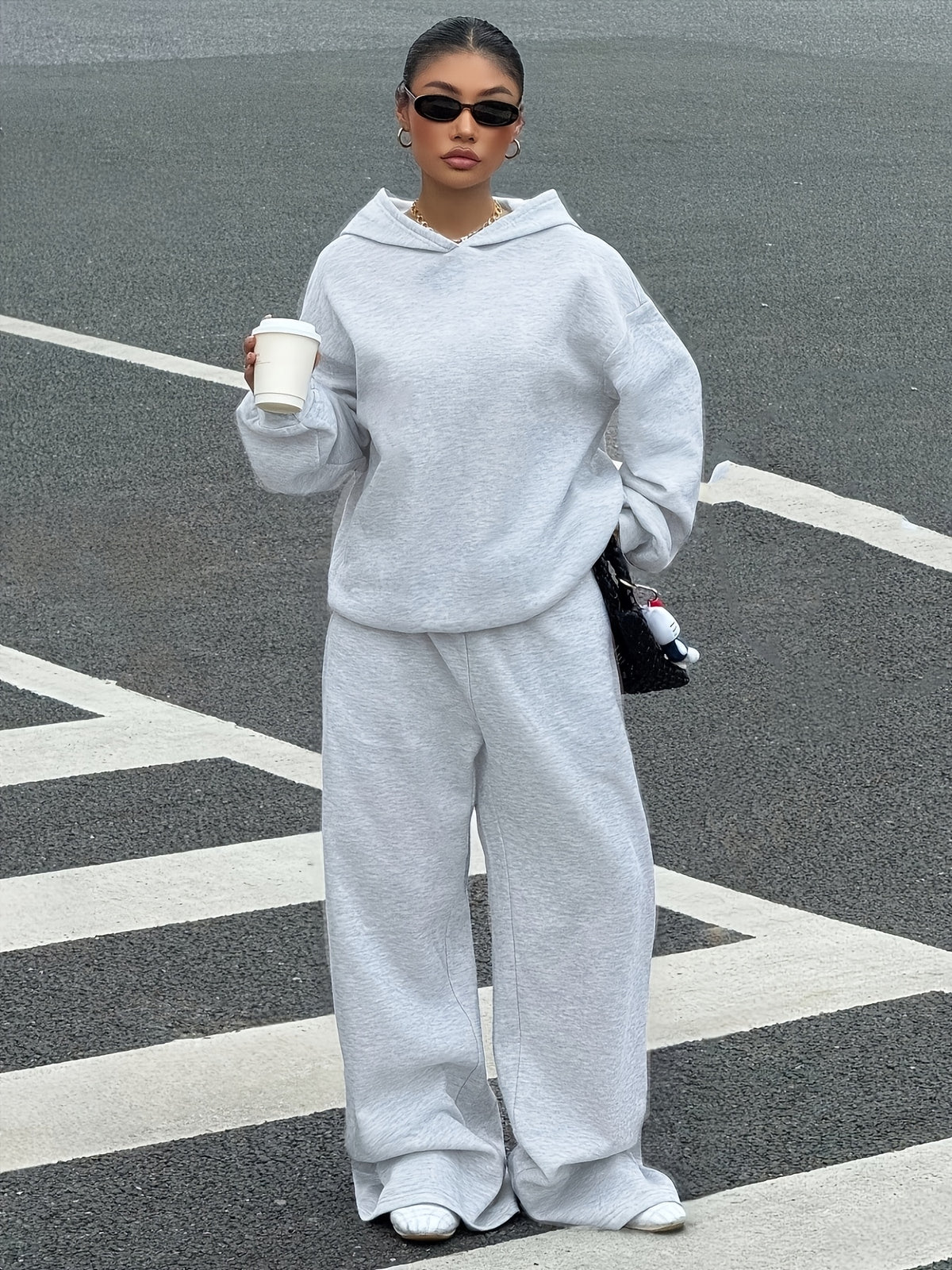 2026 Sporty Solid Color Hooded Sweatshirt Set for Women, Loose Drop-Shoulder Casual Wide-Leg Pants 2pcs Set - Granny Gray