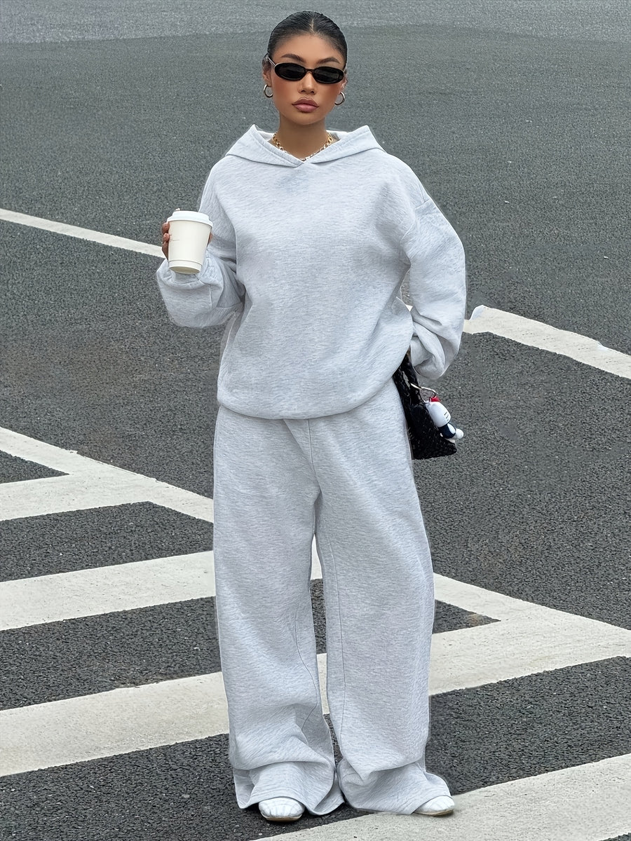 2026 Sporty Solid Color Hooded Sweatshirt Set for Women, Loose Drop-Shoulder Casual Wide-Leg Pants 2pcs Set - Granny Gray