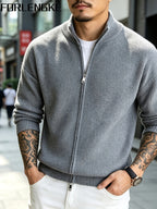 FORLENGKE Men Business Casual Stand Collar Full Zip Ribbed Knit Cardigan, Thick Warm Loose Long Sleeve Sweater Jacket for Fall Winter Office Daily Wear - Grey