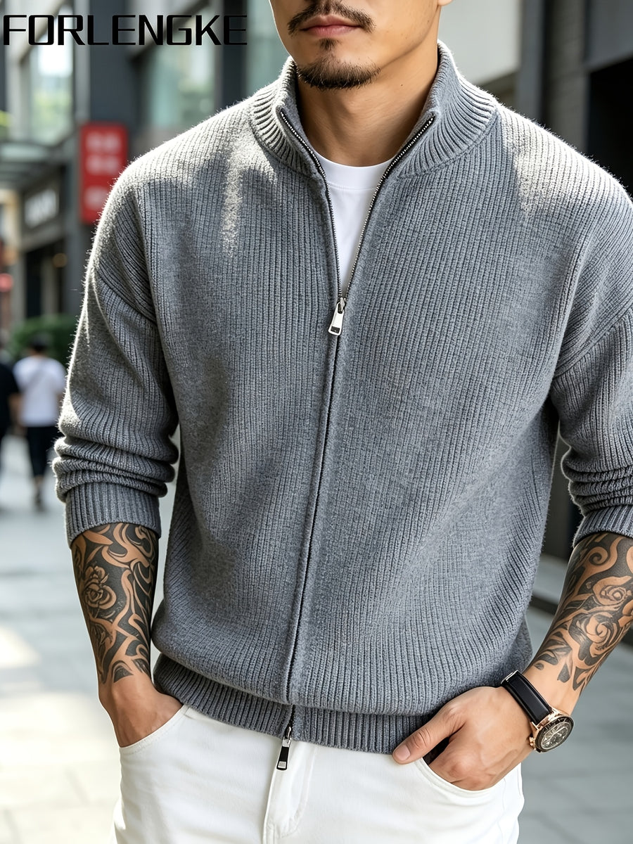 FORLENGKE Men Business Casual Stand Collar Full Zip Ribbed Knit Cardigan, Thick Warm Loose Long Sleeve Sweater Jacket for Fall Winter Office Daily Wear - Grey