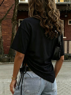 This Women's T-shirt Features a Loose Asymmetrical Design with Rope-style Embellishments, Making It Perfect for Daily Work or Date Wear. It's a Versatile Choice for Spring and Summer Seasons - Black