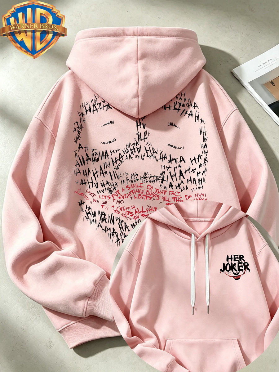 Joker HAHA Text Surround Graffiti Print Trendy Cool Casual All-Match Sports Drawstring Pocket Hooded Men'S Sweatshirt, Men'S Autumn Winter Cute Casual Style - Pink Color