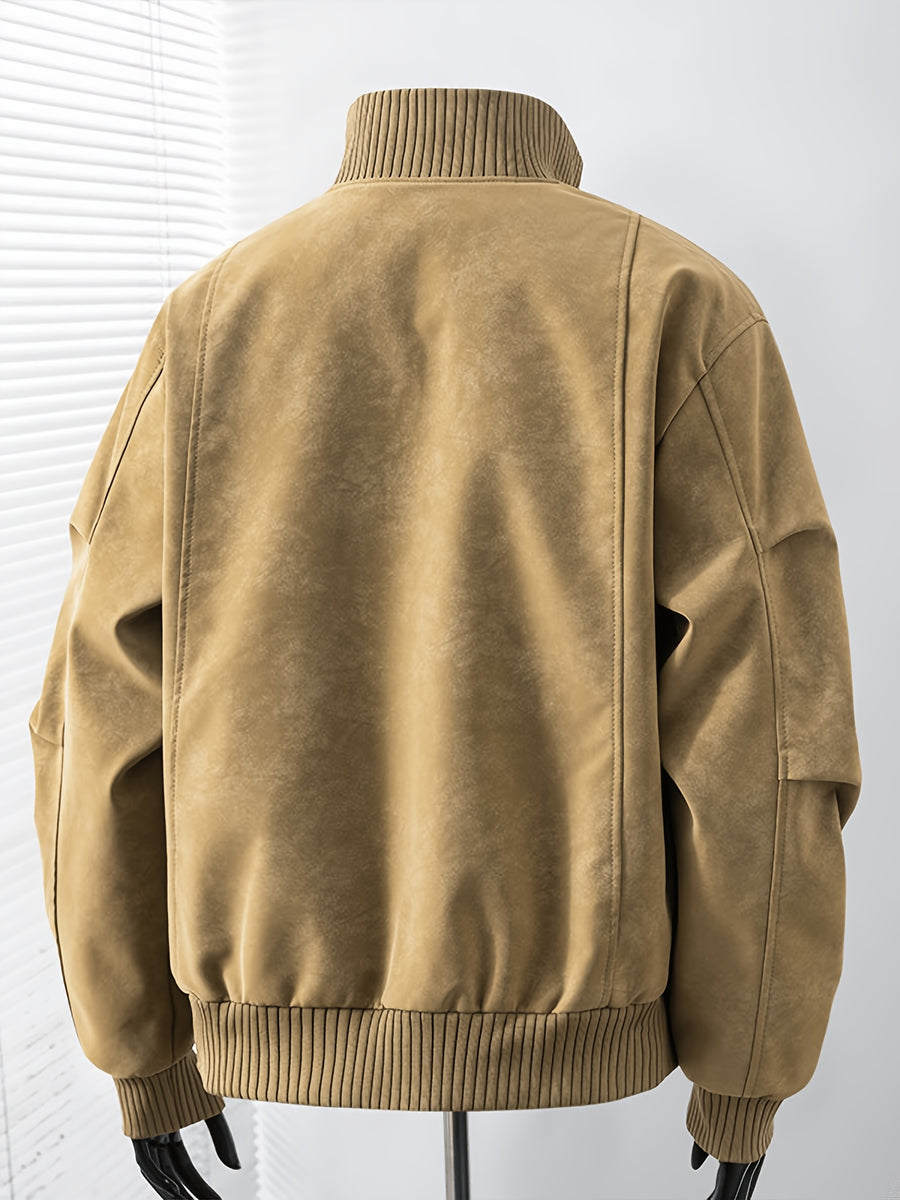 Men's Vintage Jacket, High Collar Ribbed Zipper American Casual Distressed Short Men's Jacket, Suitable for Daily Work Wear. - Khaki