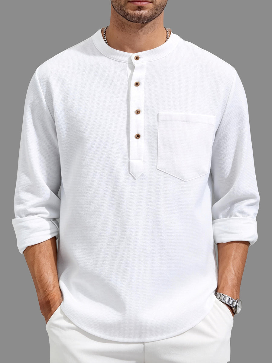 Men'S Casual Solid Color Daily Shirt - Retro Loose Long Design with Chest Pocket, Hand Wash Or Dry Clean - Refined Men'S Layering Piece - Comfortable Fit, Durable And Fashionable, Suitable for Casual Or Formal Occasions in Any Season - White