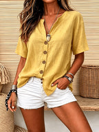 Women'S Shirt, Button-Design, Solid Color, Casual Daily Wear, Short Sleeve V-Neck, Regular Style Top, Suitable for Spring, Summer, And Autumn - Yellow
