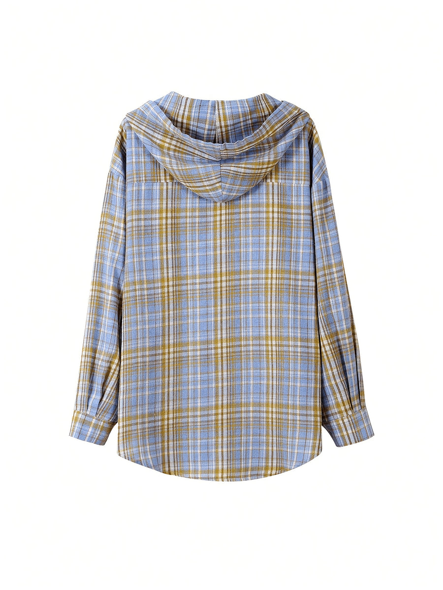 Hooded Mid-Length Checkered Shirt Jacket Women'S Early Spring New Loose Premium Long Sleeve Cardigan Top Directional - Yellow