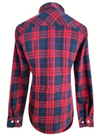 Women's Long Sleeve Shirt - Sexy Vintage Slim Fit Plaid, Suitable for Daily Wear, Women's Clothing, with Pockets, Button-Up - Scarlet red