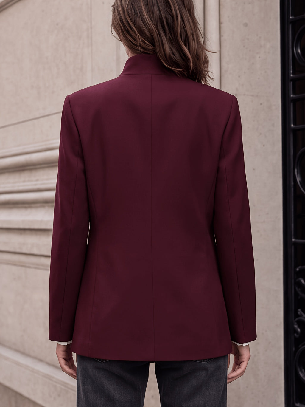 Stand-up Collar with Irregular Slanted Placket, Women's Casual Blazer, Versatile and Elegant Commuter Blazer Top, Dual-wear Suit for Daily and Workplace, Lined, with Pockets - Burgundy