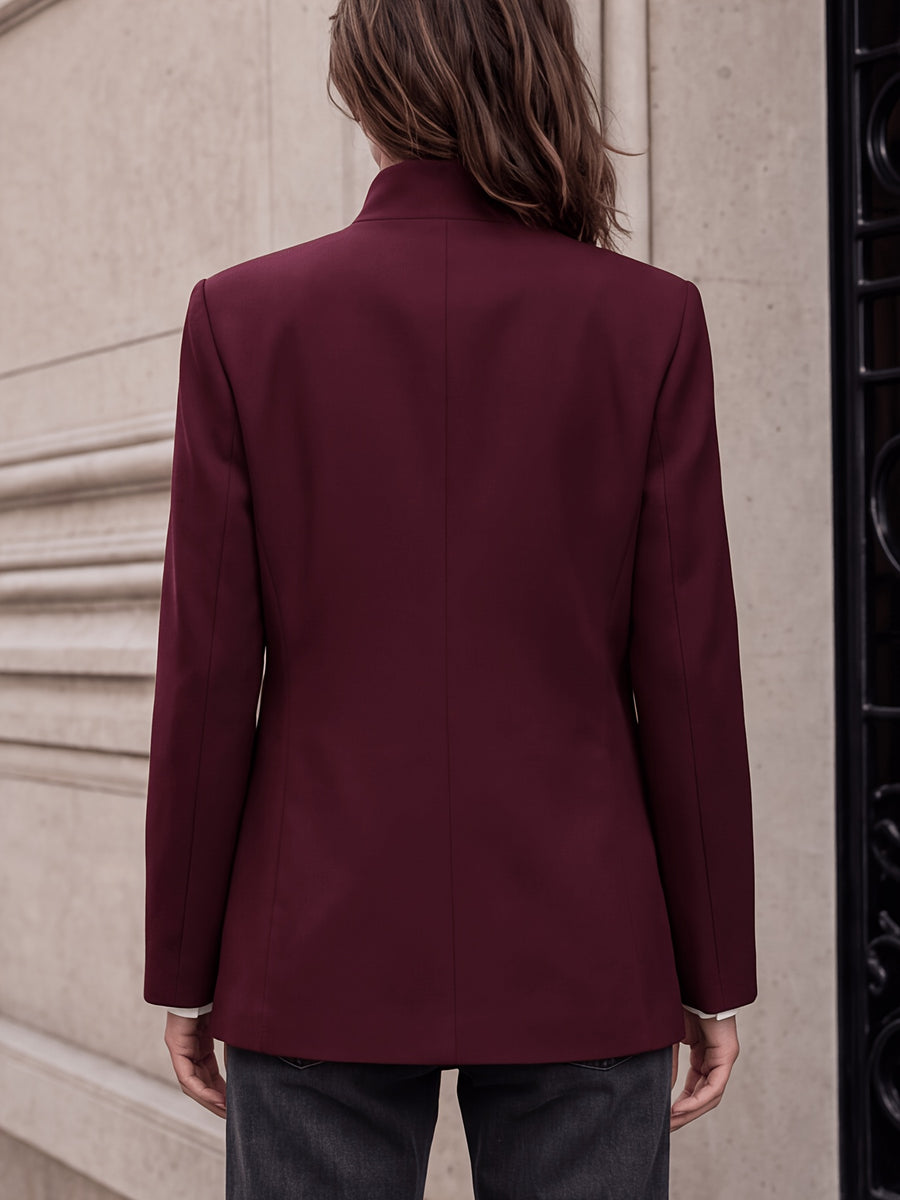 Stand-up Collar with Irregular Slanted Placket, Women's Casual Blazer, Versatile and Elegant Commuter Blazer Top, Dual-wear Suit for Daily and Workplace, Lined, with Pockets - Burgundy