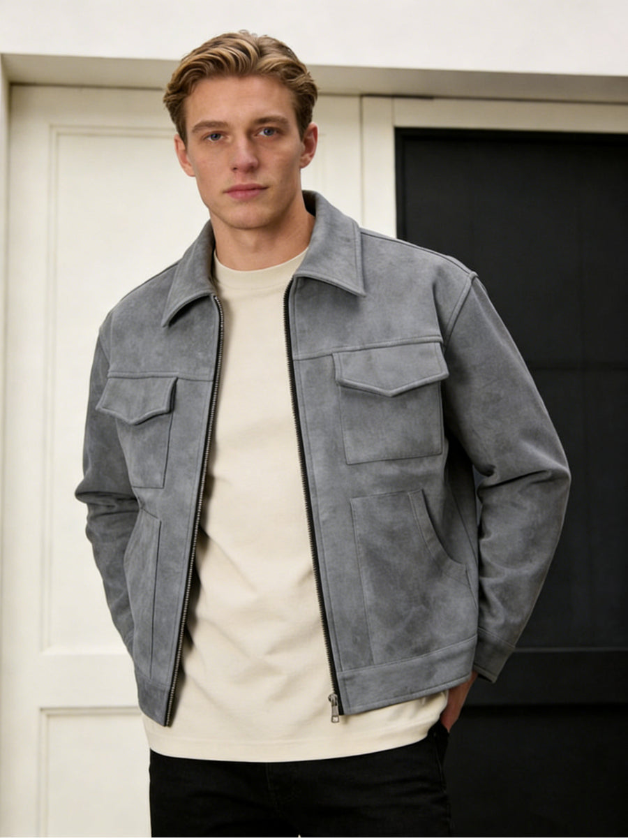 2026 Spring/Autumn New European and American Men's Lapel Jacket, Daily Fashion Commuting Party Date Coat, Workwear Style, Simple Outdoor Sports - Light Grey