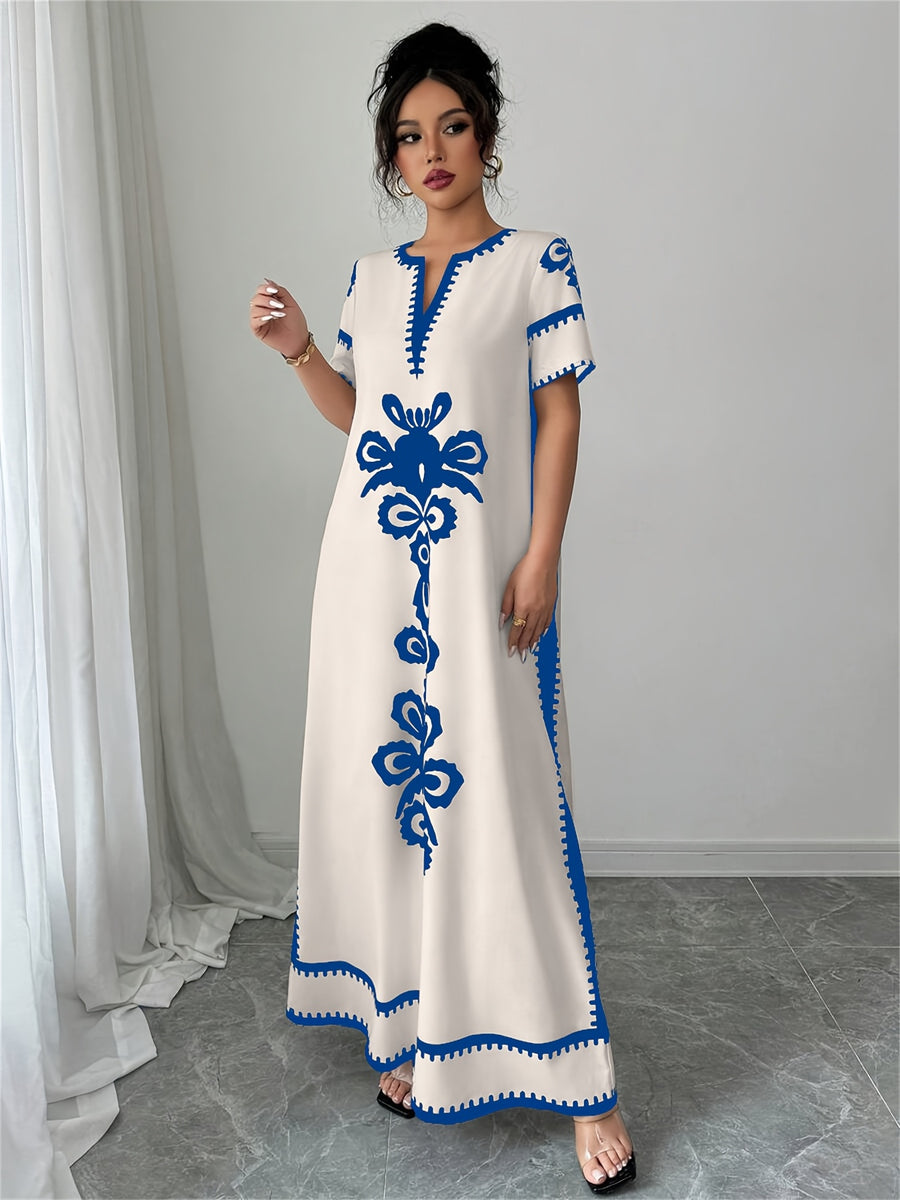 Middle Eastern Ramadan Themed Elegant Spring And Summer Party Dress with a V-Neck Short Sleeves And Paisley Print - Blue