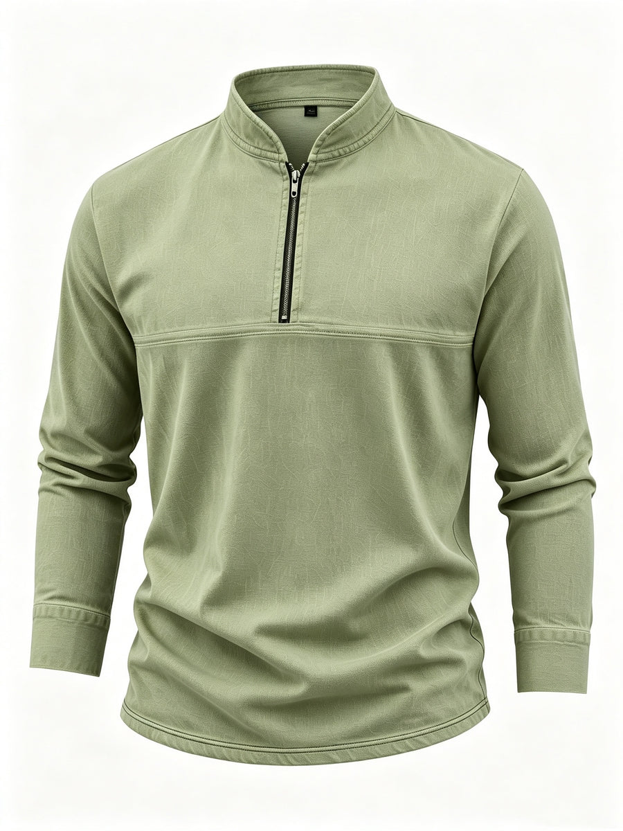 Men's Linen Long Sleeve Henley Shirt Stand Collar Loose Polo Shirt Men's Linen Zipper Casual Shirt - Olive Green