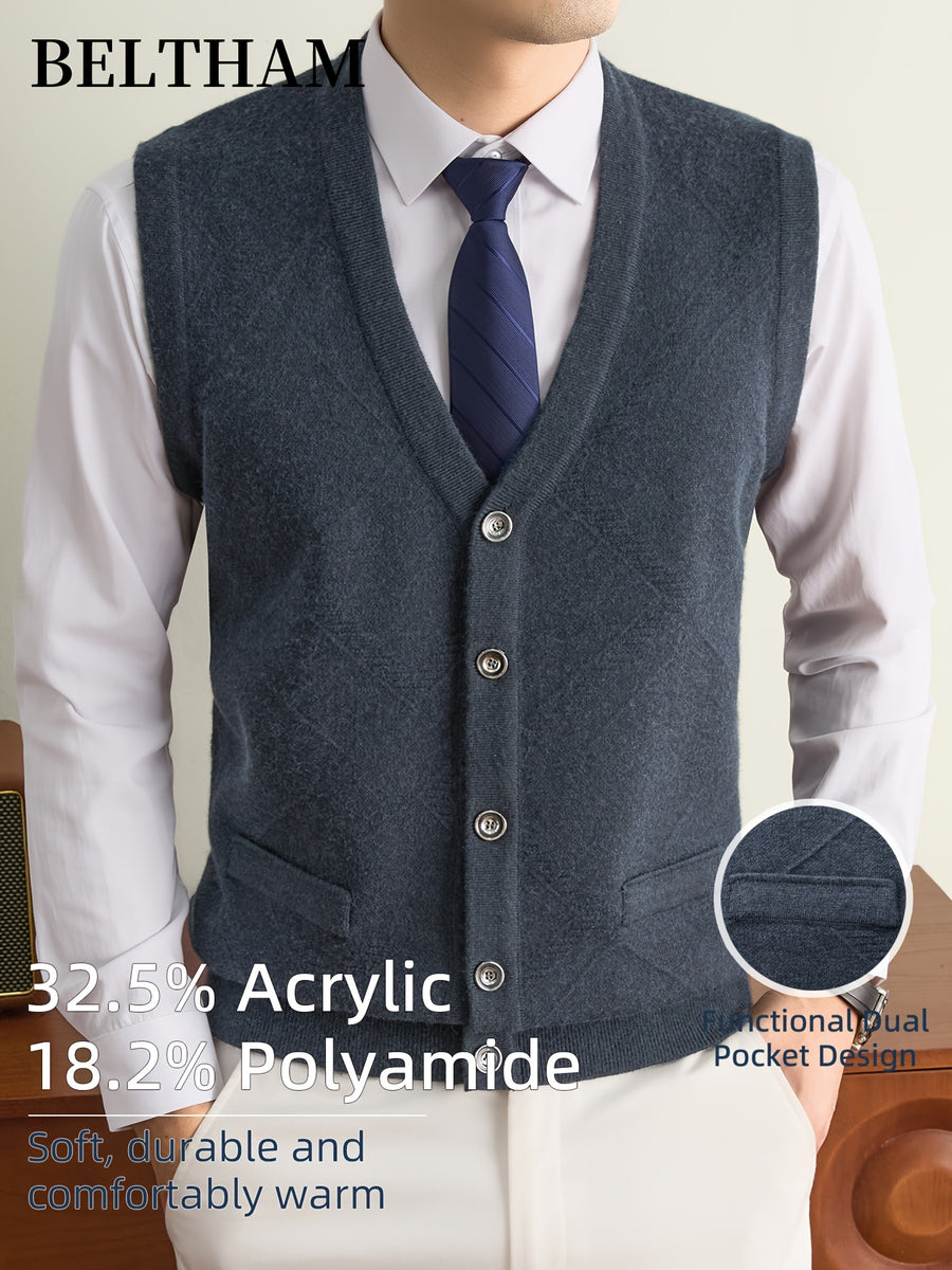 New Autumn Winter Men'S Knit Vest, Ideal Gift for Dad And Husband, with Pockets Warm Cold Resistant Soft Cozy Sweater Waistcoat, Minimalist Elegant Versatile Sleeveless Top for Daily Business Casual Camping Wear - Dark Gray