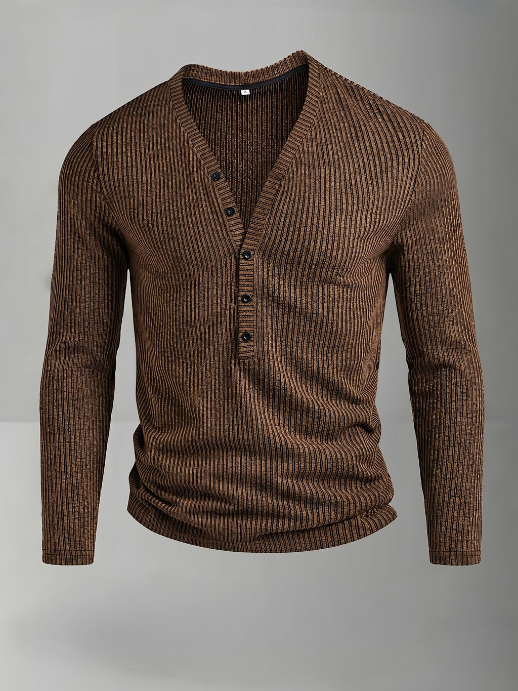ROYALBOY Men's Autumn New Textured Two-Tone Striped Fabric Deep V-Neck Long Sleeve Outdoor Fashion Sports Top - Coffee Color