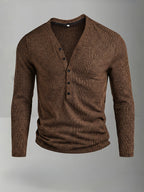 ROYALBOY Men's Autumn New Textured Two-Tone Striped Fabric Deep V-Neck Long Sleeve Outdoor Fashion Sports Top - Coffee Color