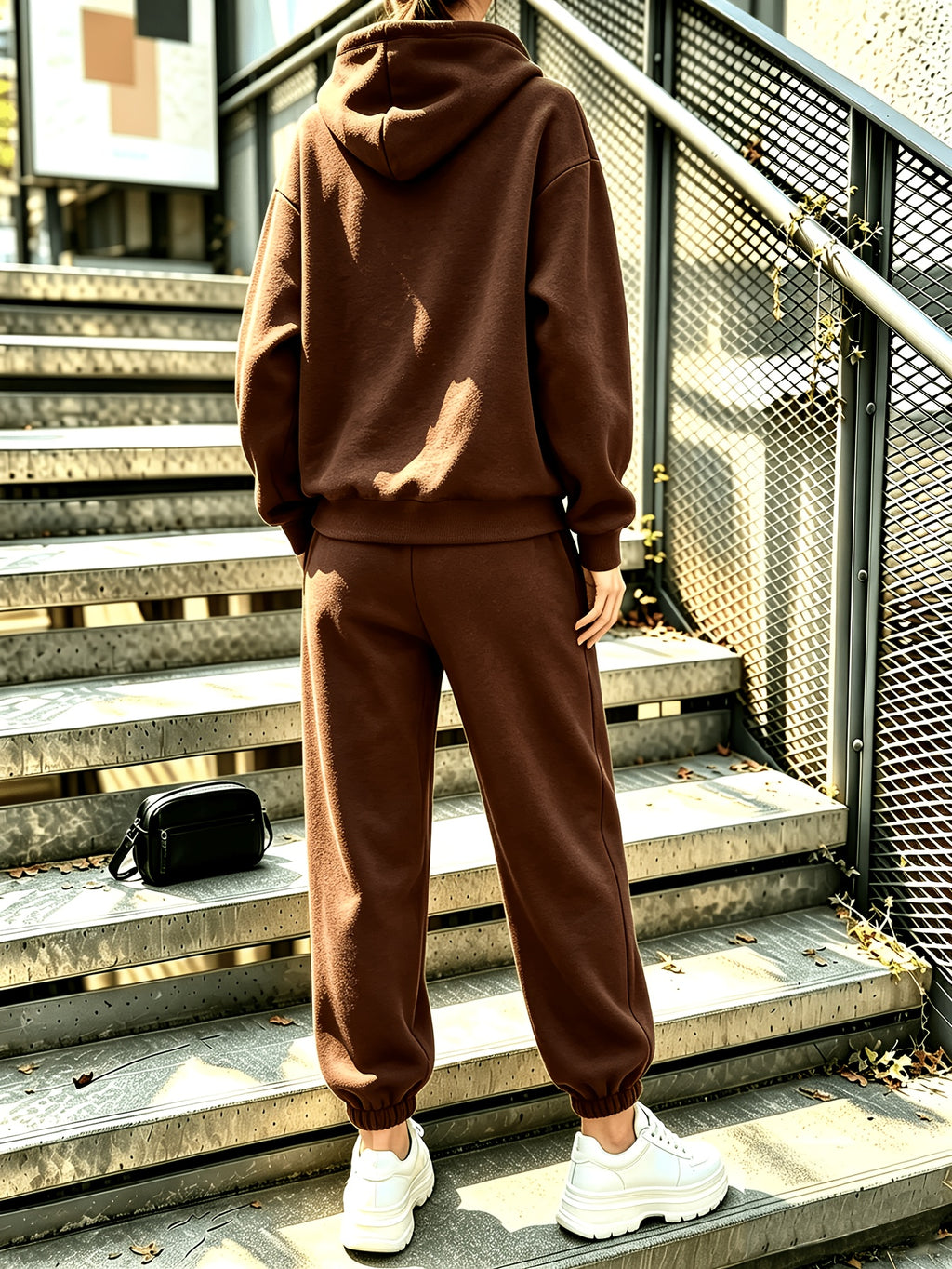 Autumn Winter Trendy Fashion Hooded Drawstring Sweatshirt And Jogger Pants Women'S Set, Hooded Drawstring Design, Front Kangaroo Pocket on Sweatshirt, Comfortable Wear for Cold Weather, Classic Silhouette, Comfortable Fit - Coffee Brown