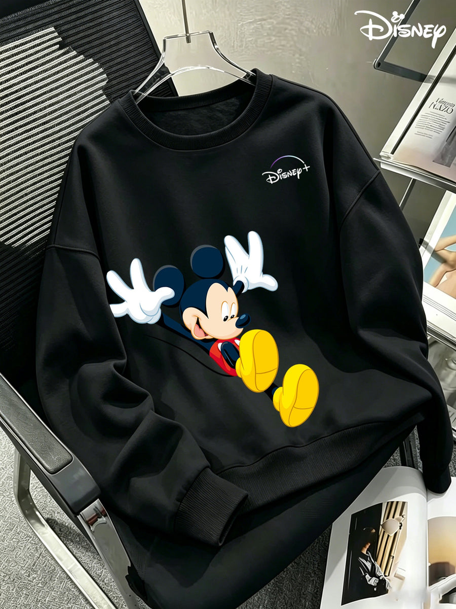 Men'S Round Neck Sweatshirt, Casual Versatile Autumn Winter Clothing, Mickey Mouse Cartoon Character Classic Pose Happy Expression Print Fashion Easy Long Sleeve Top, Design Men'S Casual Sweatshirt, Suitable for Daily Wear, Casual Athletic Wear - Black