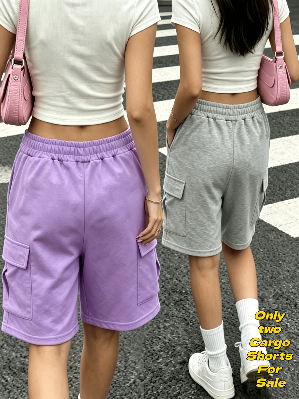 Japanese Style Printed Cargo Shorts 2Pcss Set, Loose Wide-Leg Bermuda Shorts with Leg-Smoothing Cut, Elastic Drawstring High-Waist Comfortable Fit, Soft Breathable Fabric Suitable for Street Outings, Campus Commute, And Home Walks - Purple+Grey
