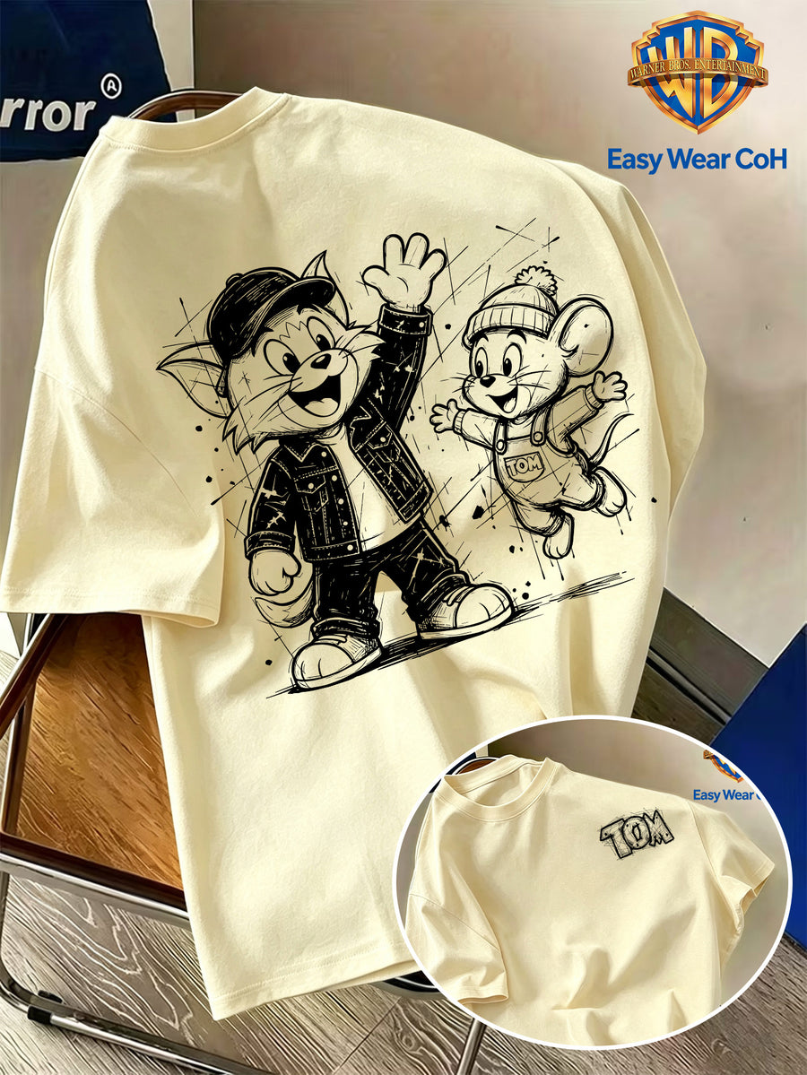 Warner Authorized New Preppy Style Men'S Short Sleeve T-Shirt, Hand-Drawn Sketch Style Cartoon Creative Niche Pattern Print, Chest with "TOM" Letter Sketch, Unique And Non-Mass-Produced, Comfortable Breathable Skin-Friendly Fabric - Apricot
