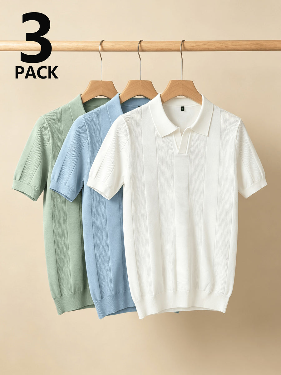 Men 3pcs Vertical Textured Knit Polo Shirts, Slim Fit Notch Collar Short Sleeve Knitwear, Lightweight Comfort Shirts for Office Vacation Daily Wear - Light Green-Light Blue-White