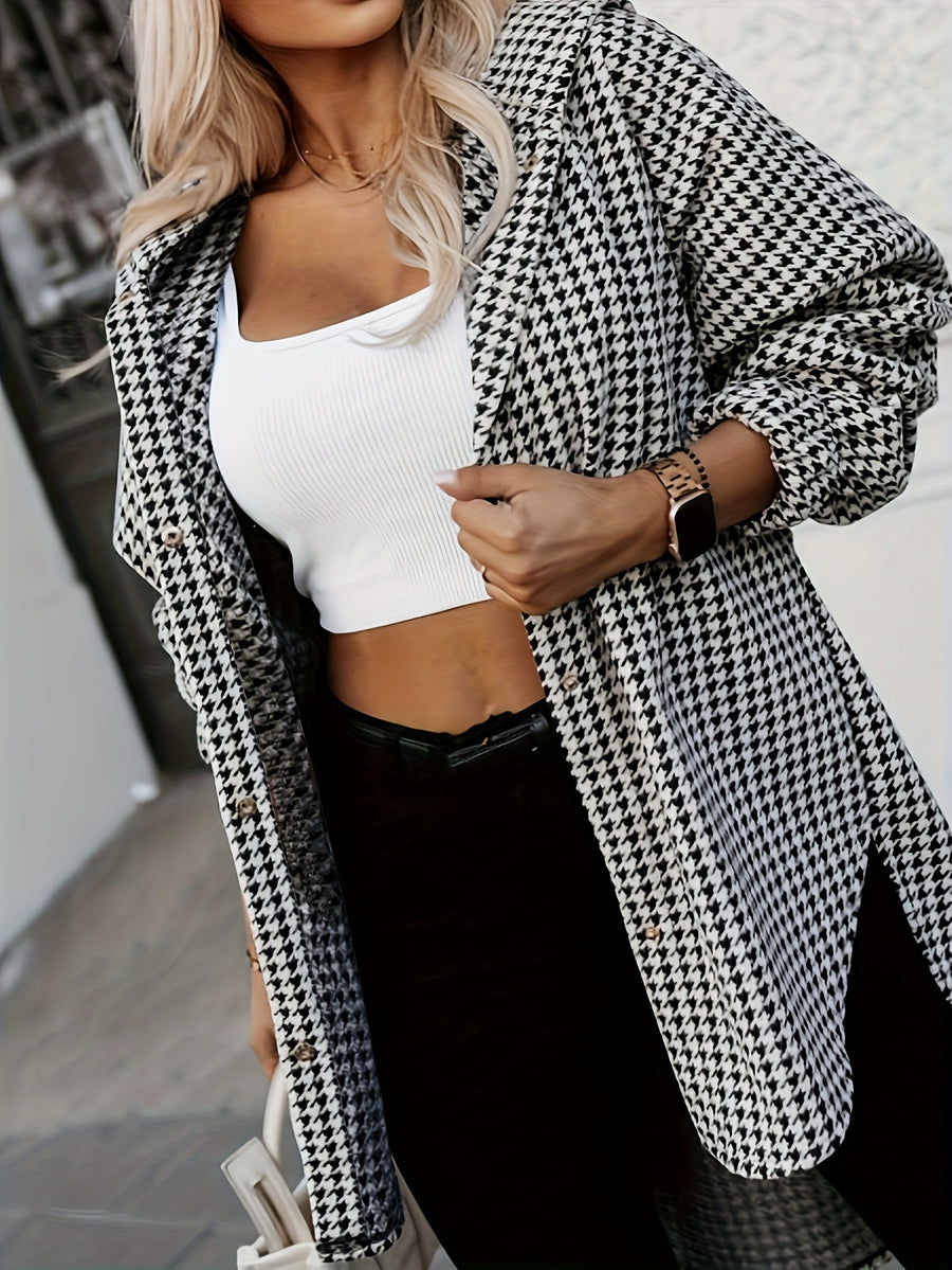 Plus Size, 2025 Autumn/Winter New Arrival: Simple, Intellectual, and Elegant British-Inspired Mature Style with a Vacation Vibe. Solid Color Commuting Comfort Fabric, Houndstooth Print Pattern, Homewear, Three-Dimensional Cut, Button-Front - Black