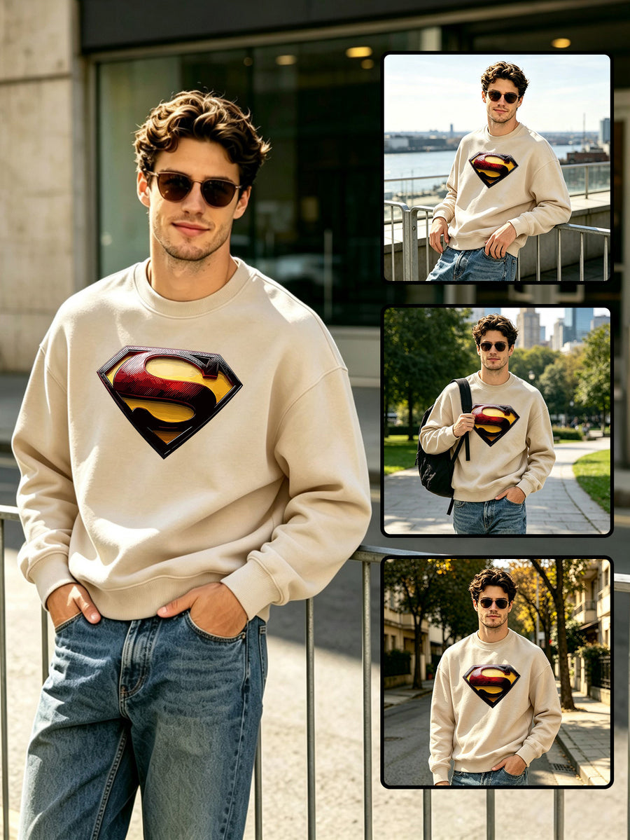 Single Pc, Unisex, Loose Fit, "Superman S Shield Logo, Metallic 3D Embossed Texture, Red Black Yellow Contrast, Sharp Edges, Centered Placement" Print, Solid Color 100% Polyester Round Neck Sweatshirt, Casual Street Commute - Apricot