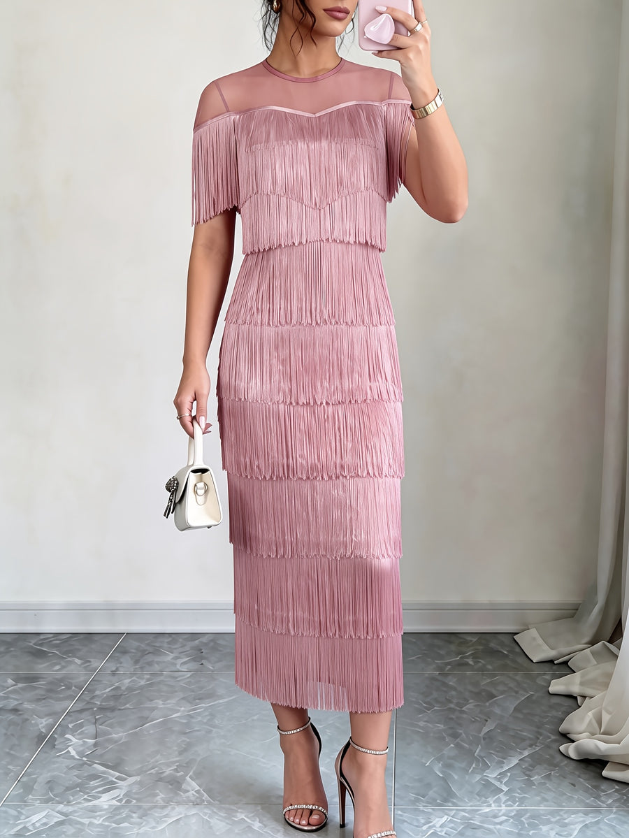 Women'S Sexy Tassel Long Dress Fashion See-Through Mesh Slim Fit Dress Prom Gown Party Celebration Event - Pink