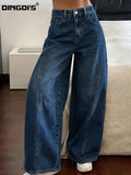 Women'S New Loose Wide-Leg Elastic Waist Jeans, Classic Boyfriend Style Floor-Length Trousers, Casual Home Wear Design with Ripped Patchwork, 90S Classic Acid-Wash Blue Retro Zipper Pants, Comfortable Fit Suitable for Work And Travel - Deep Blue