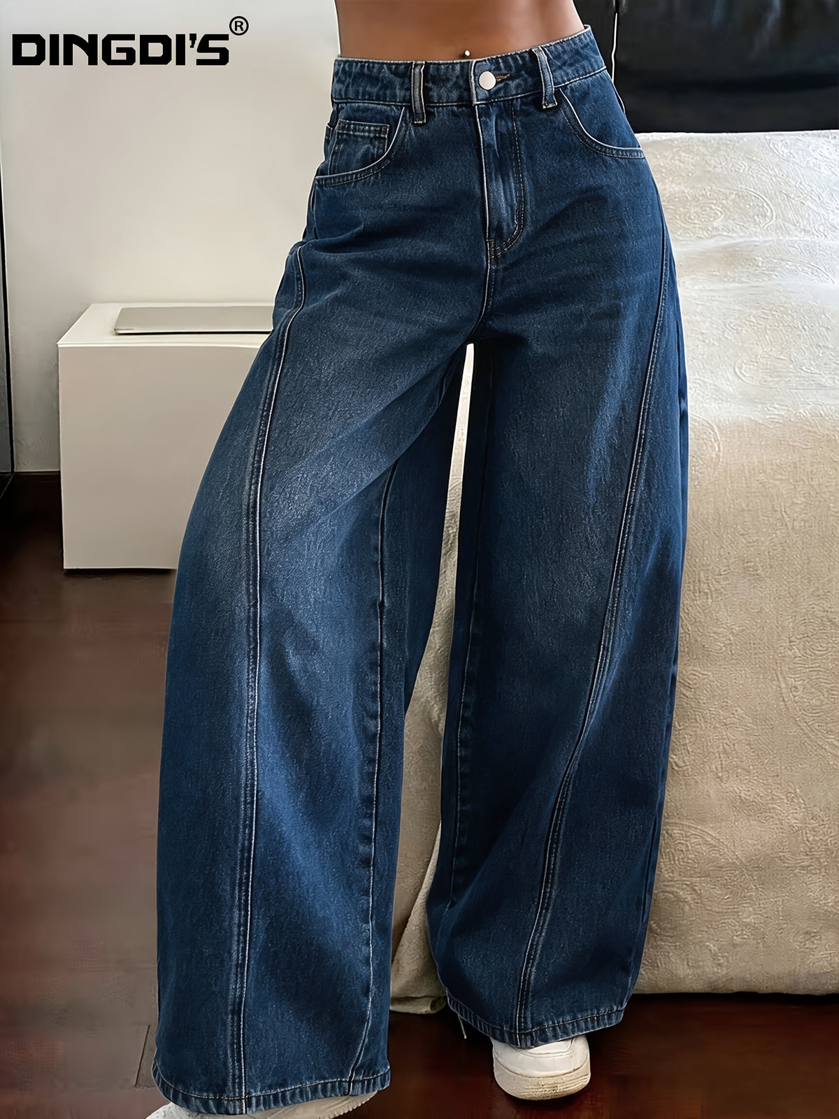 Women'S New Loose Wide-Leg Elastic Waist Jeans, Classic Boyfriend Style Floor-Length Trousers, Casual Home Wear Design with Ripped Patchwork, 90S Classic Acid-Wash Blue Retro Zipper Pants, Comfortable Fit Suitable for Work And Travel - Deep Blue