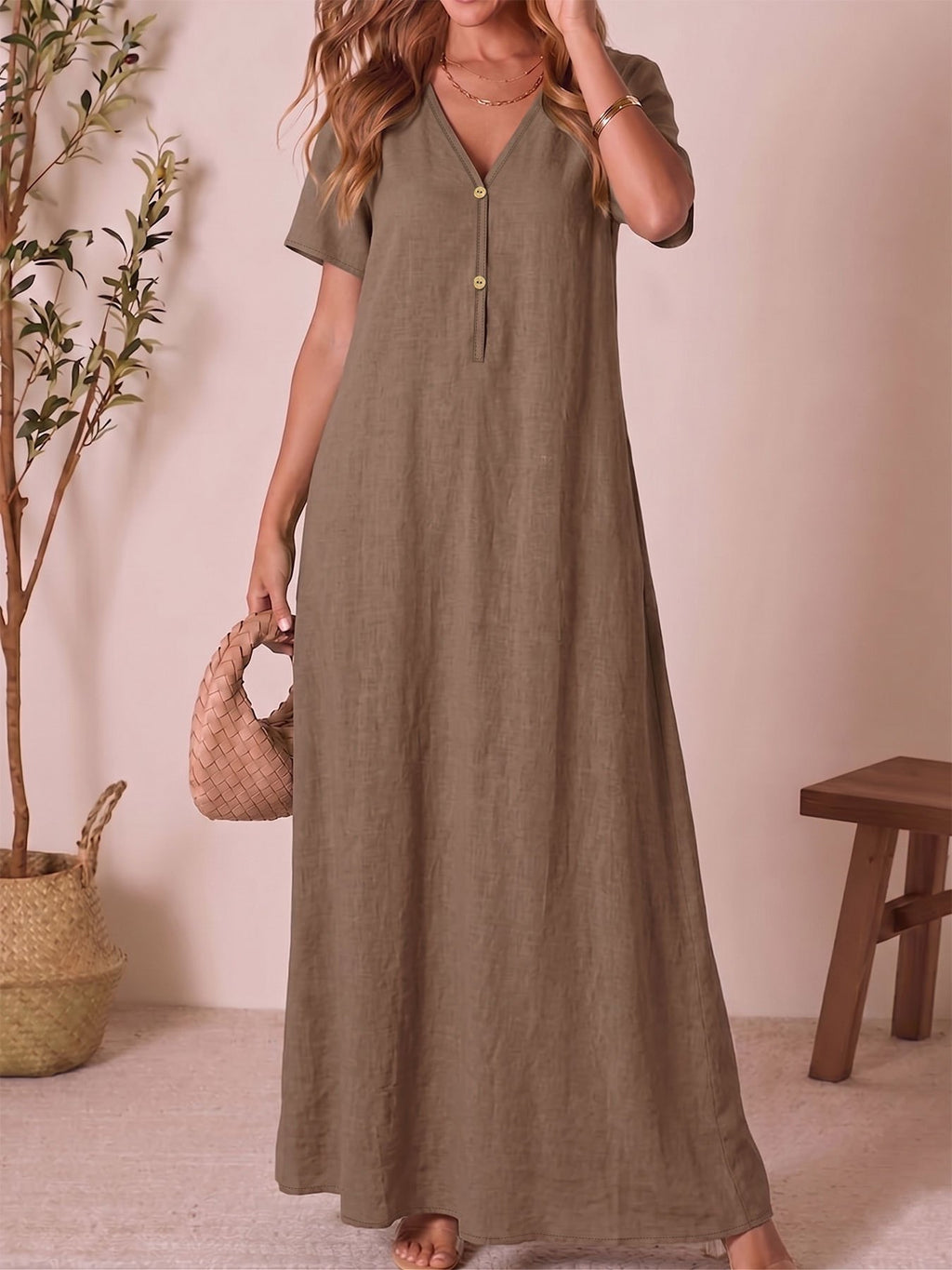 Women'S Casual V-Neck Short Sleeve Solid Color A-Line Loose Long Dress - Khaki