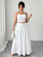 Two-Piece Embroidered Maxi Dress, Bohemian Style with Layered Ruffle Hem. Perfect for Dates, Vacations, Picnics, And Beach Outings. Comfortable And Versatile Women'S Dress - White
