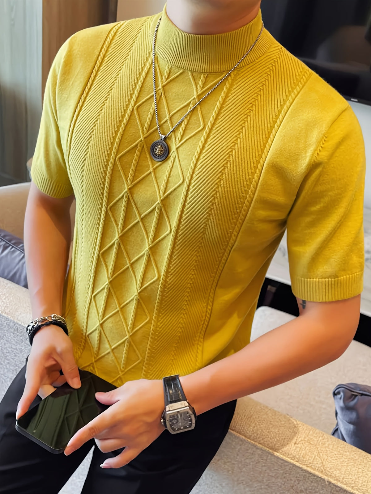 Men's New Solid Color Rhombus Fashion Semi-High Neck Knit Sweater, Spring/Summer Casual Short Sleeve Knit Top - Yellowish-brown