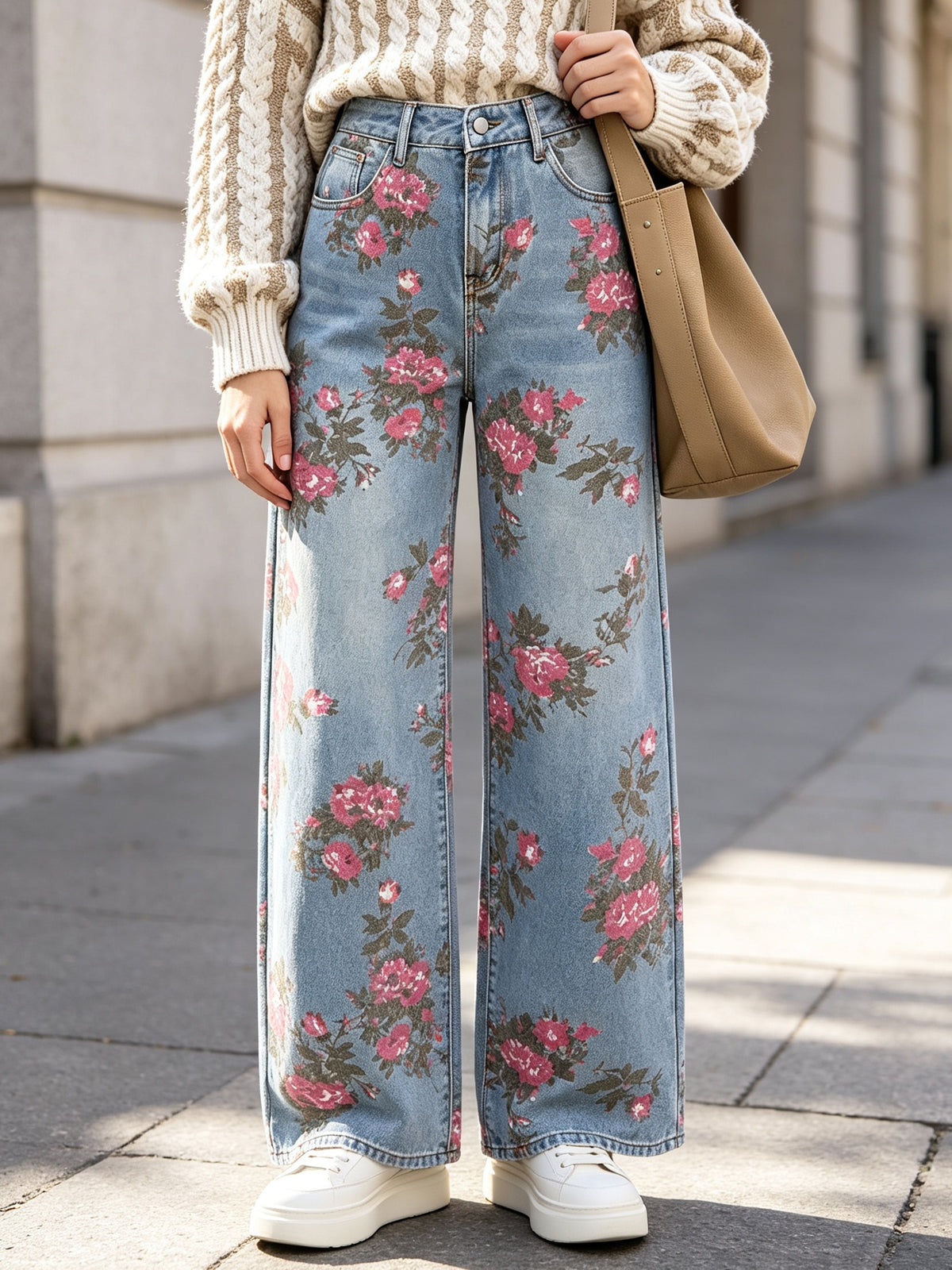 Vintage Boho Low-Rise Wide Leg Jeans for Women, Floral Print Whiskering Denim Trousers - Mixed colors