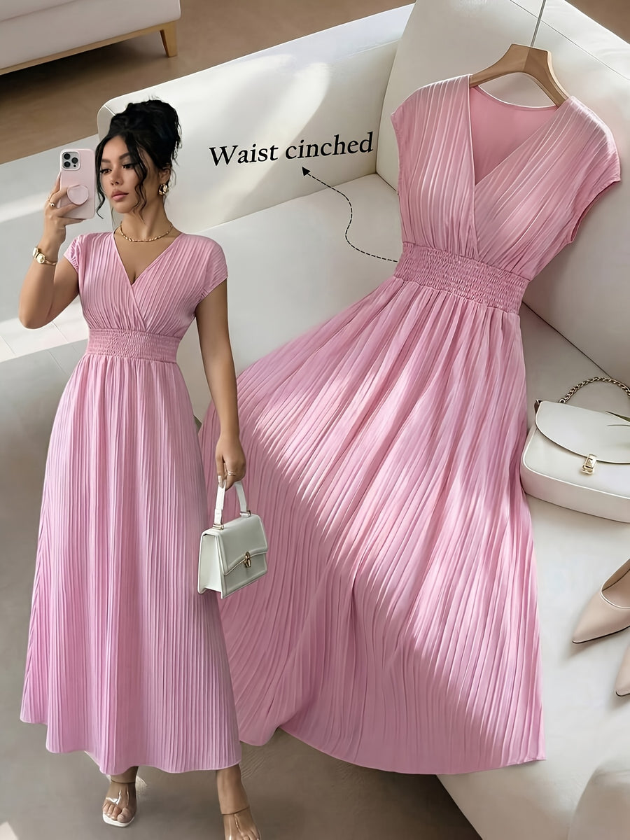 Women's V-neck Sleeveless Midi Dress, Textured Fabric, Cinched Waist Design, Elegant Vacation Style, Spring/summer Collection - pink color