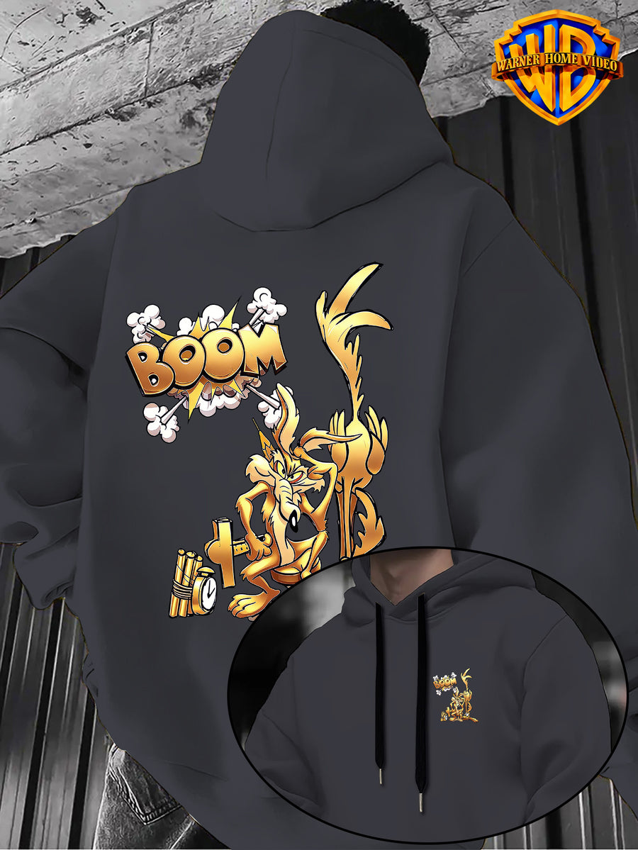 Warner Bros Official 1pc, Vintage Monochrome Gilded Original Art BOOM Exploding Crooked Heart Wolf Cartoon Streetwear Hoodie - Men's Fashion Hoodie, Double-Sided Front and Back Print, Adjustable Drawstring Loose and Comfortable Sweatshirt - Dark Gray