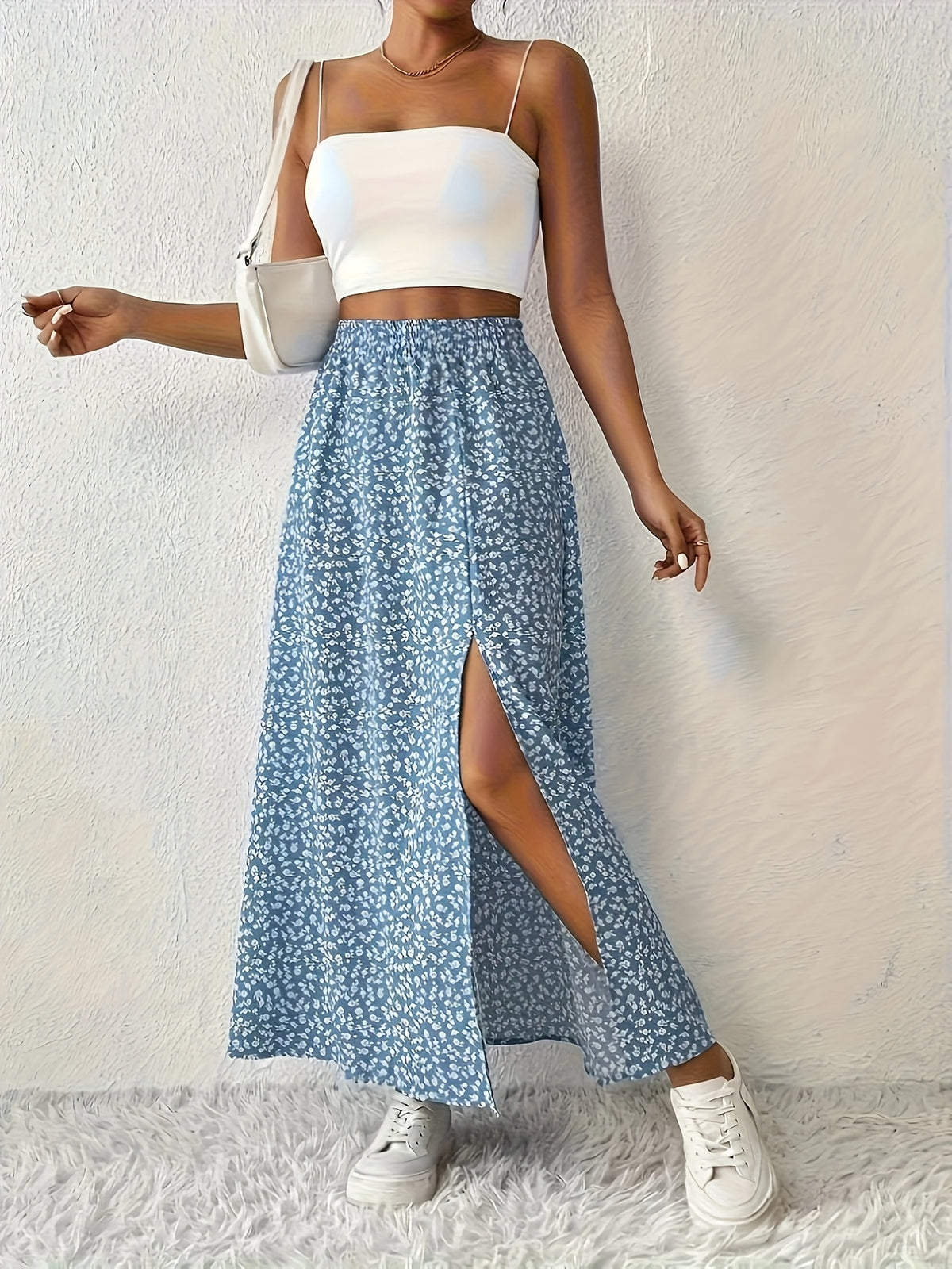 Small Floral Fresh Temperament Cinched Slit Midi Skirt - Sky Blue
