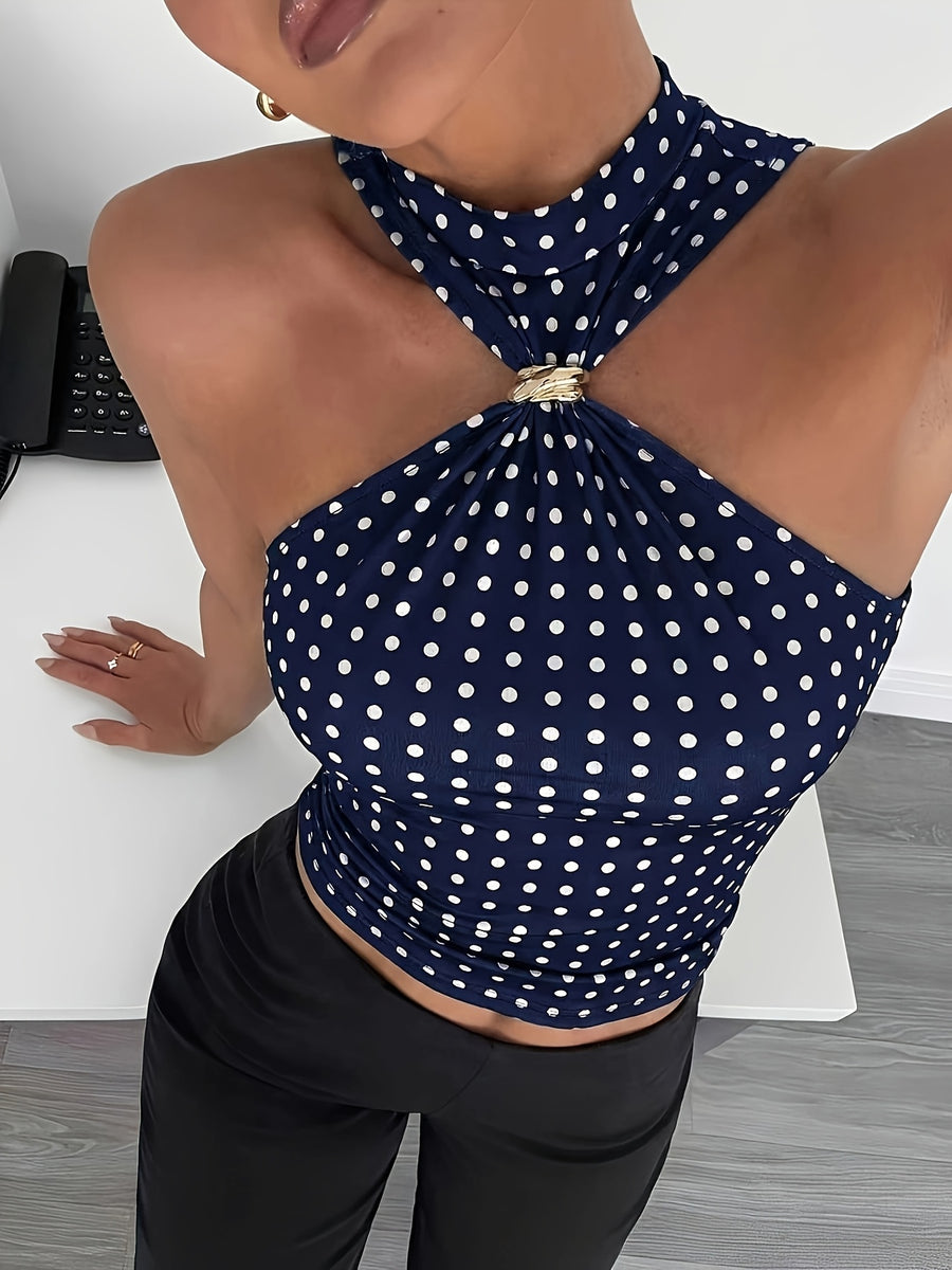 Spring/Summer Women's Halter Neck Slim Fit Off-Shoulder Elegant Metal Buckle Sleeveless Top, Halter Neck Fashion Vest Top - Royal blue dots