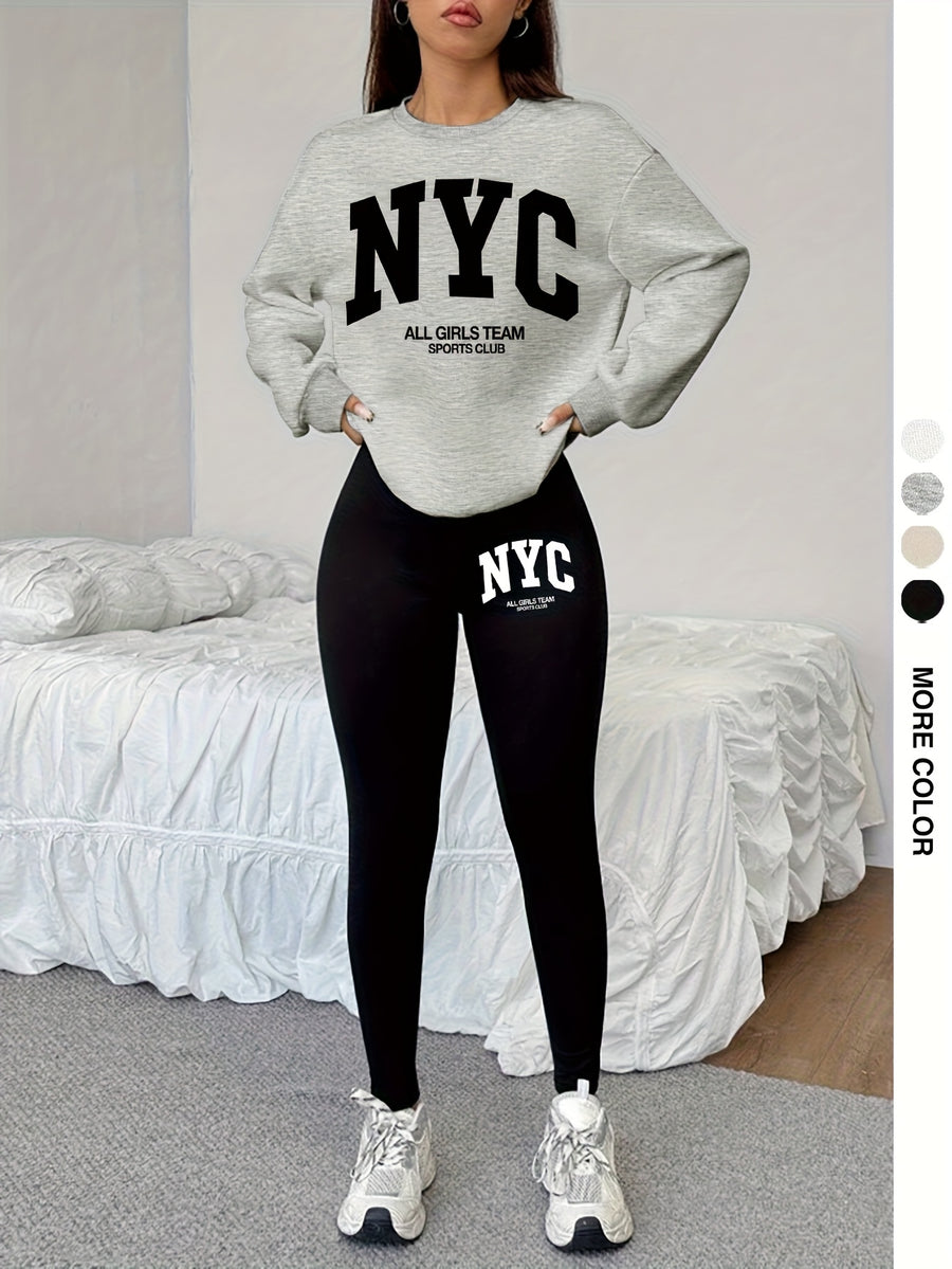 1014Gwen, 1 Set of Casual Women's Sweatshirt Set, 2pcs, Letter Print, Round Neck Long Sleeve Sweatshirt, Long Leggings, Can Be Worn Alone or as a Layering Piece, Suitable for Autumn and Winter, Women's Clothing - Grey+Black