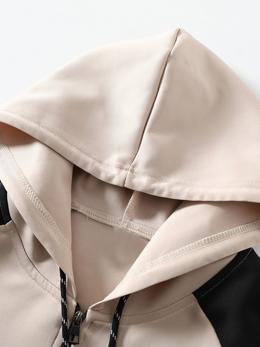 Men'S Trendy Spring Autumn Hooded Color-Block Jacket, Athletic Letter Print, Business Baseball Uniform Casual Hooded Jacket All-Match Top Two-Color Outerwear, Color-Block Jacket Shirt Hooded Coat - Apricot